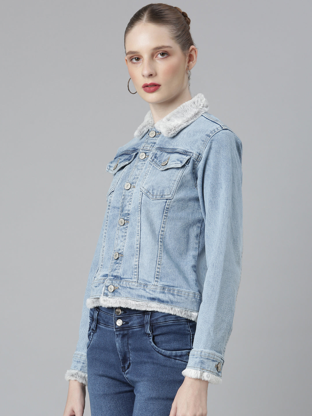 Women Blue Solid Denim Jacket