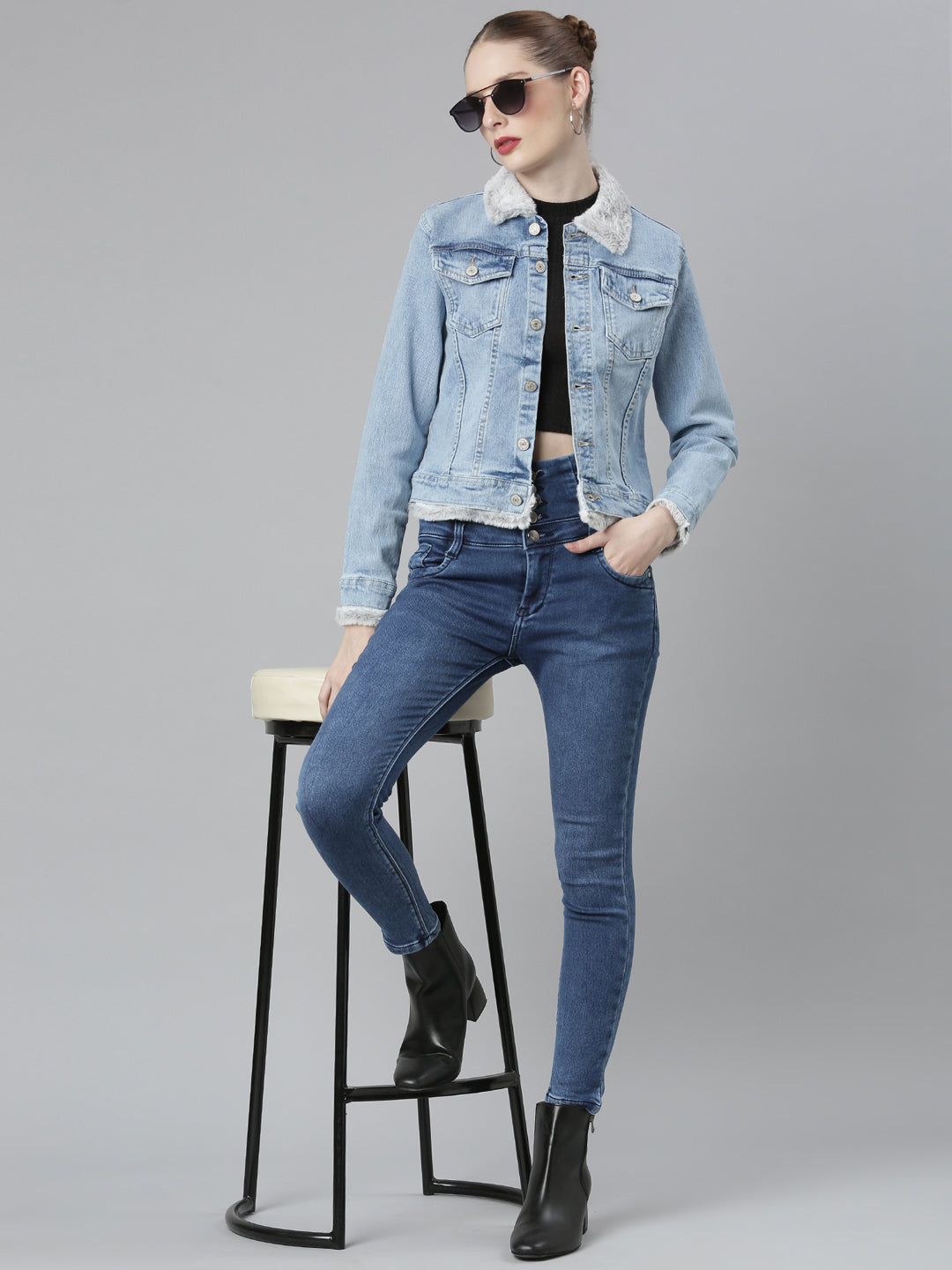 Women Blue Solid Denim Jacket