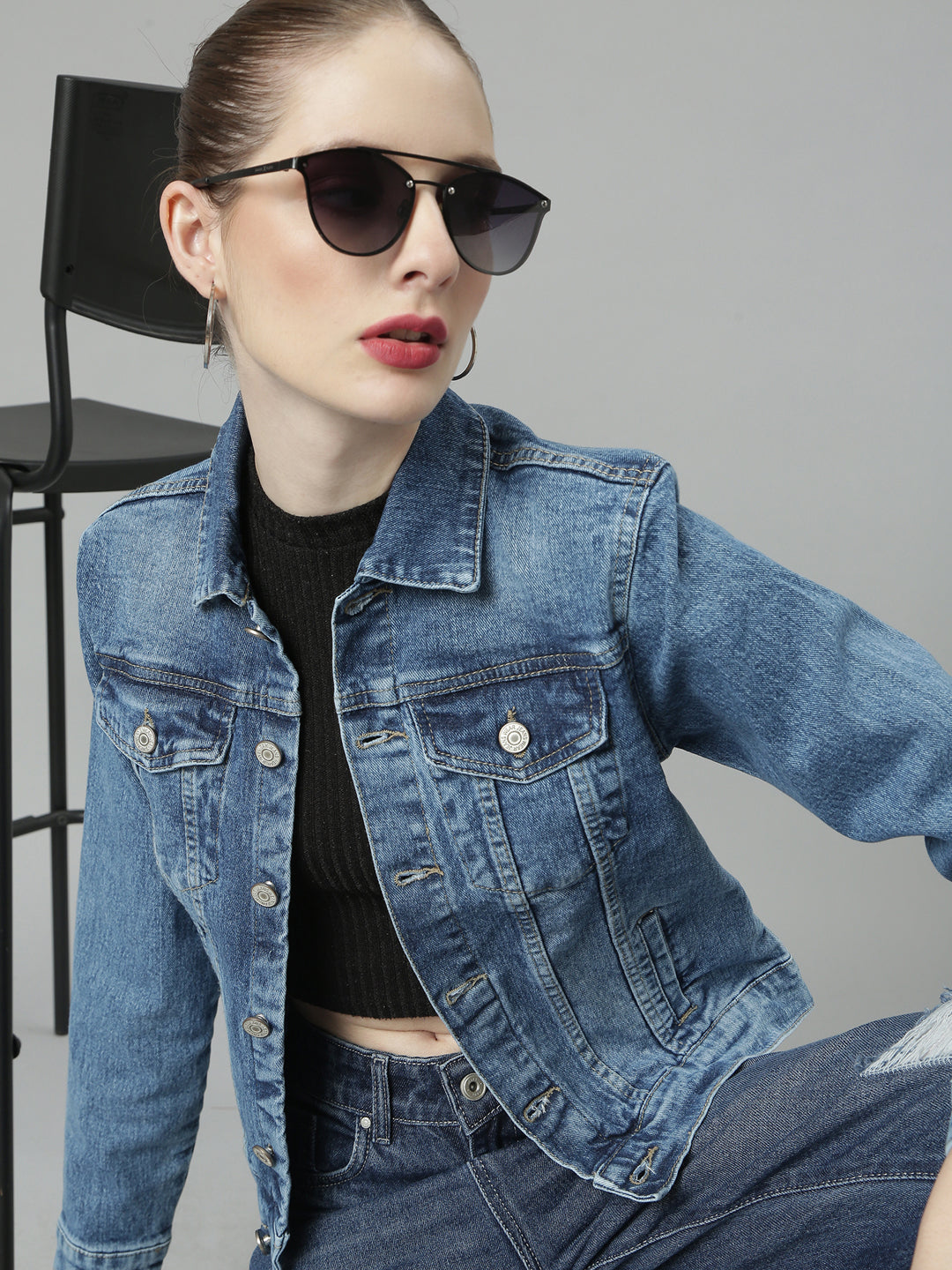 Women Blue Solid Denim Jacket