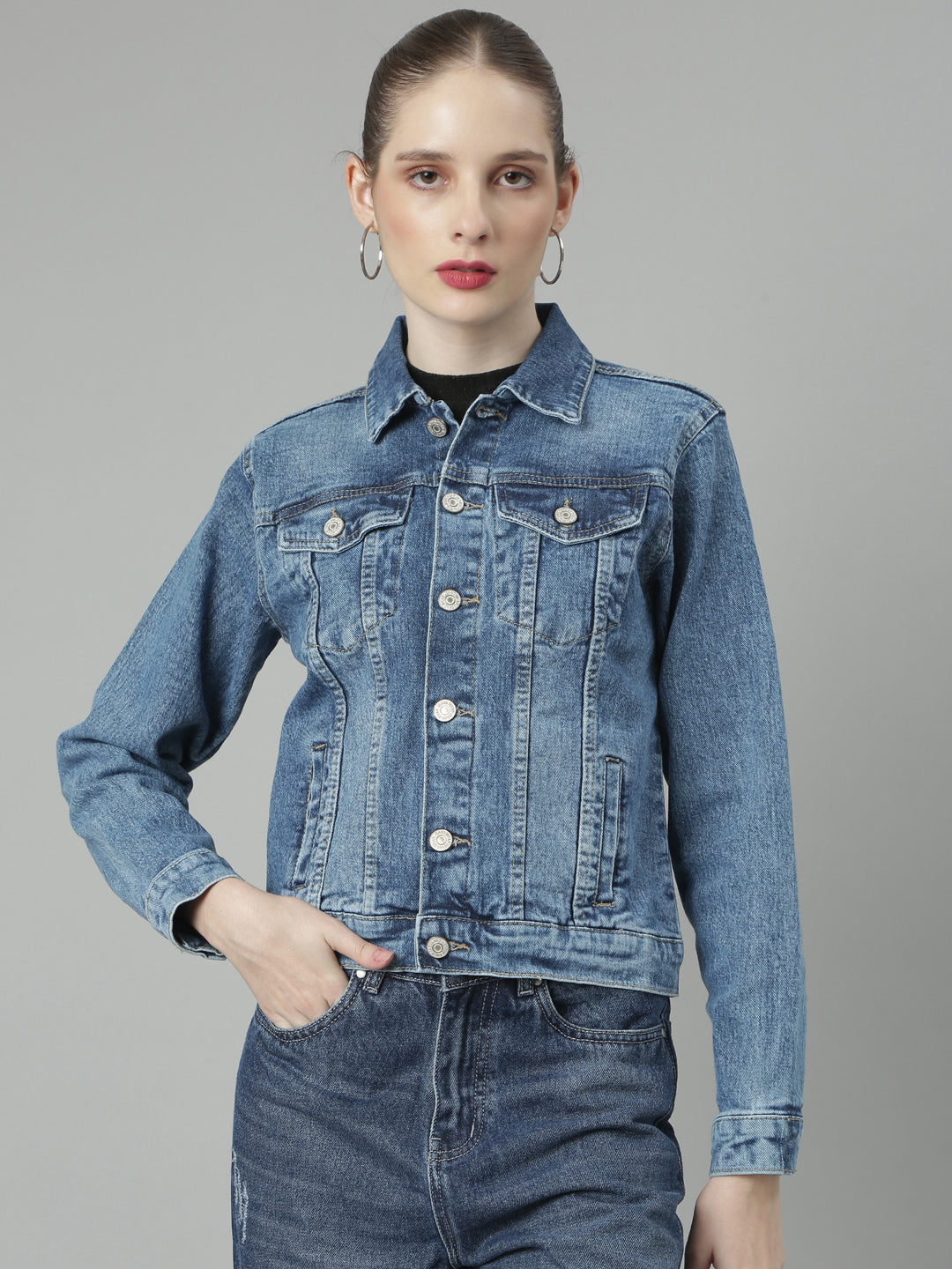 Women Blue Solid Denim Jacket