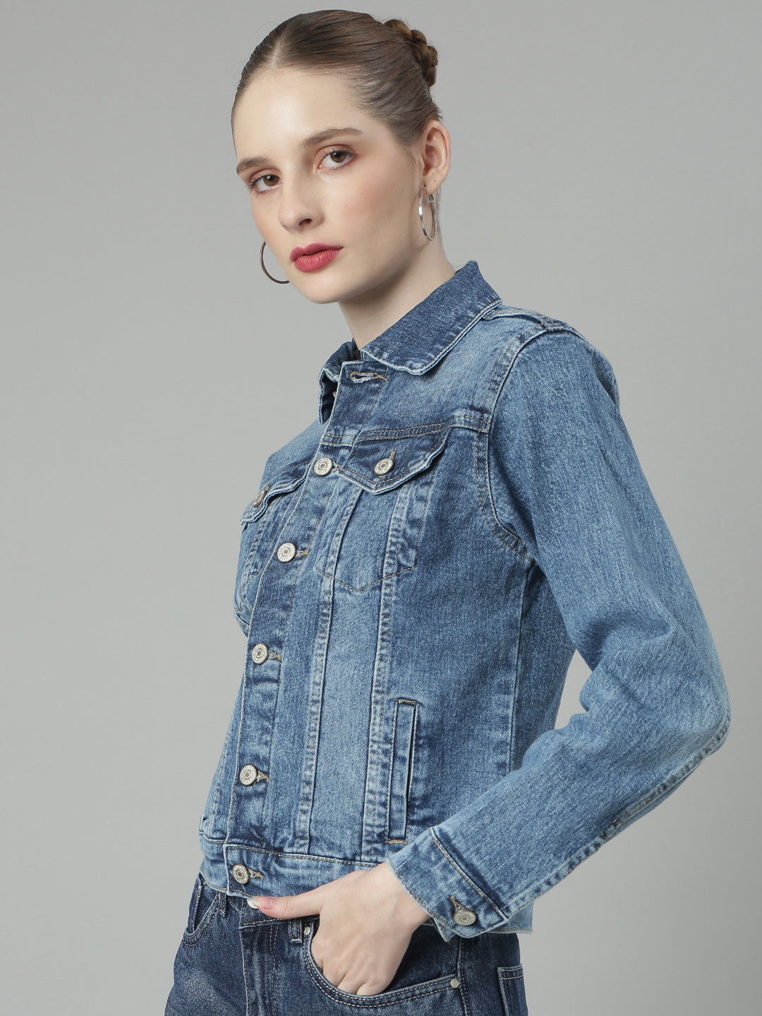 Women Blue Solid Denim Jacket