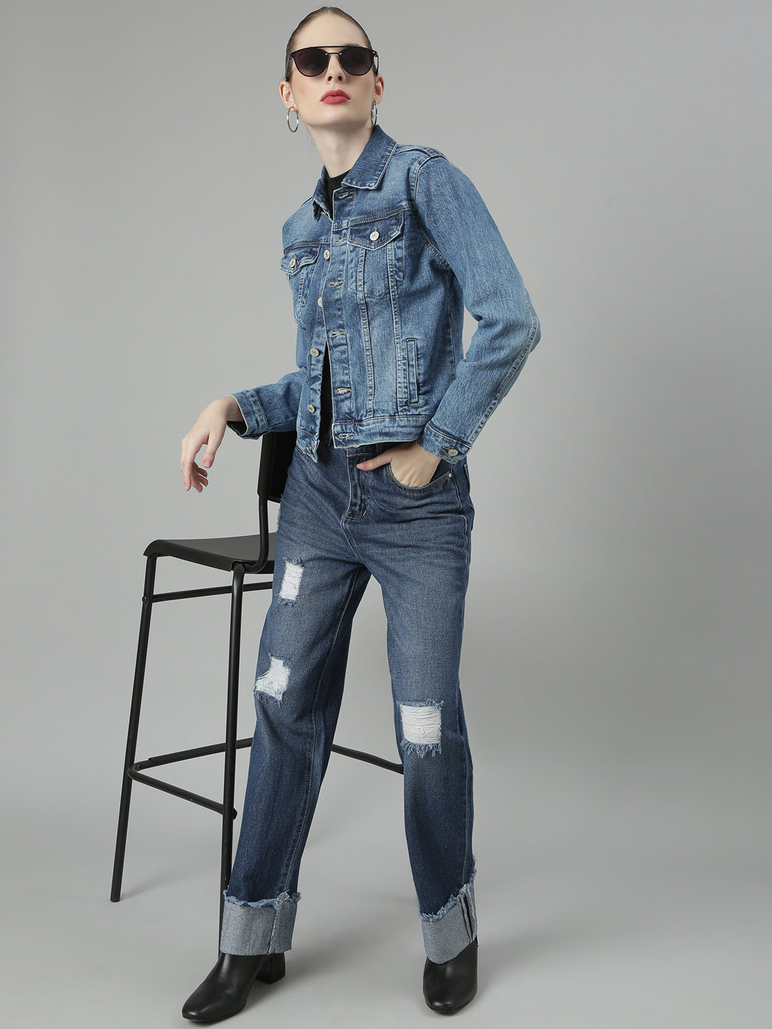 Women Blue Solid Denim Jacket