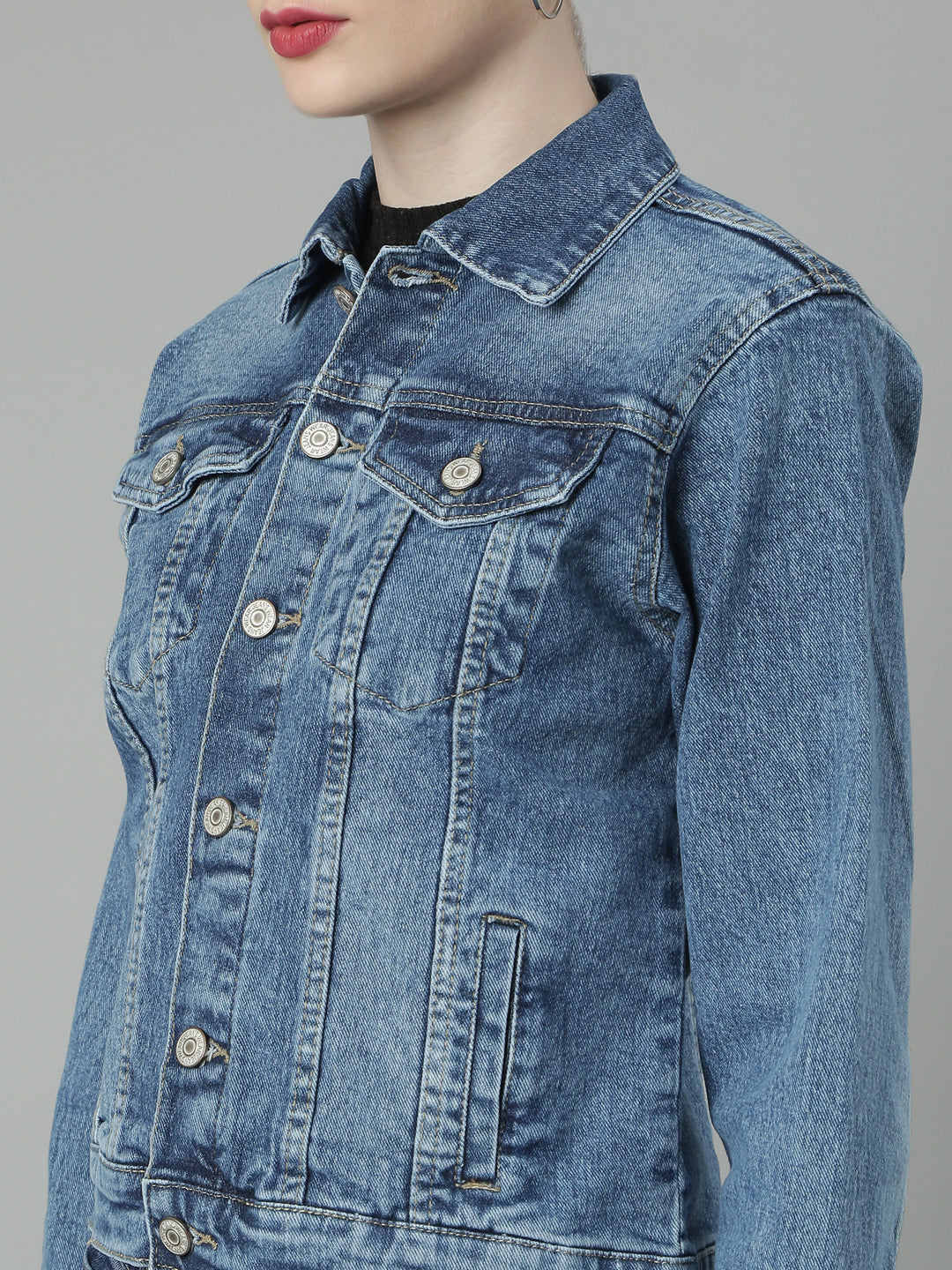 Women Blue Solid Denim Jacket