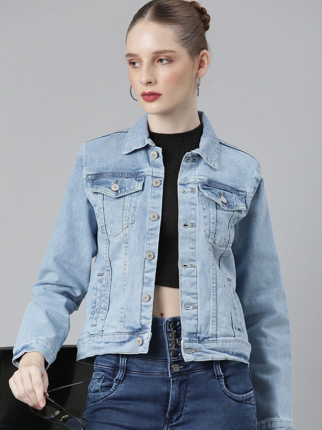 Women Blue Solid Denim Jacket