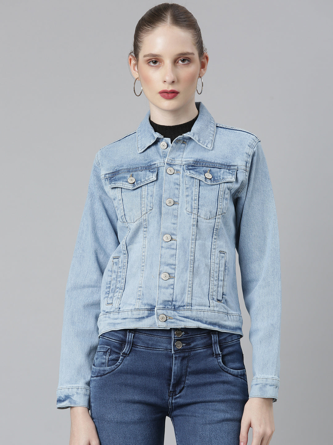 Women Blue Solid Denim Jacket