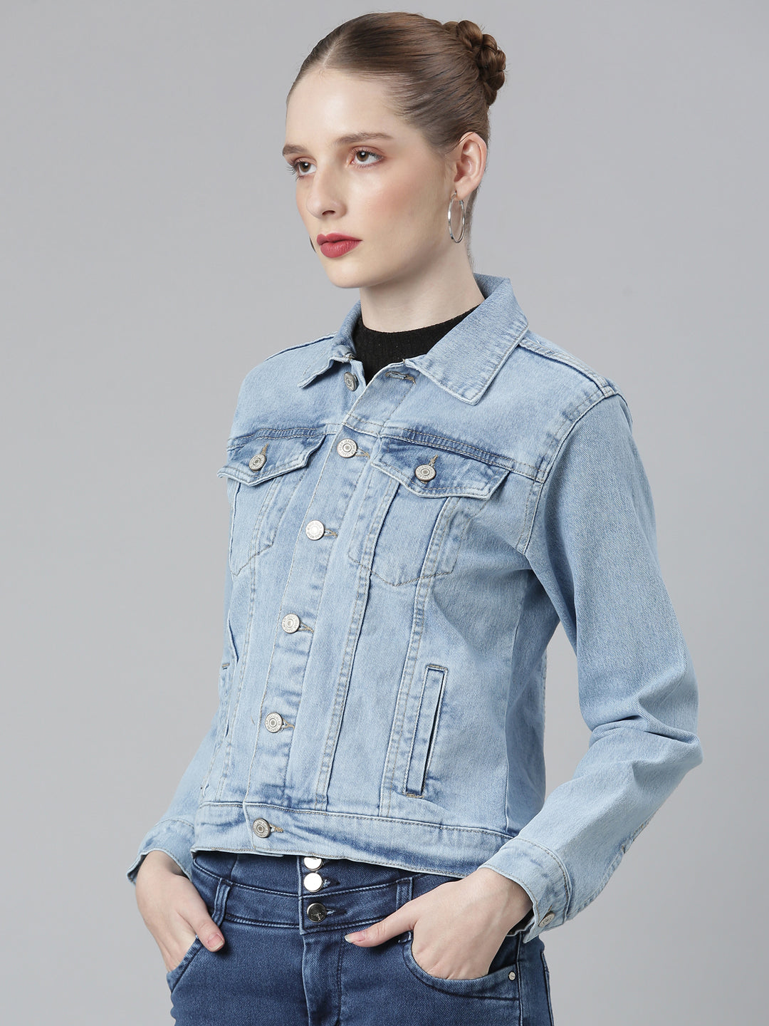 Women Blue Solid Denim Jacket