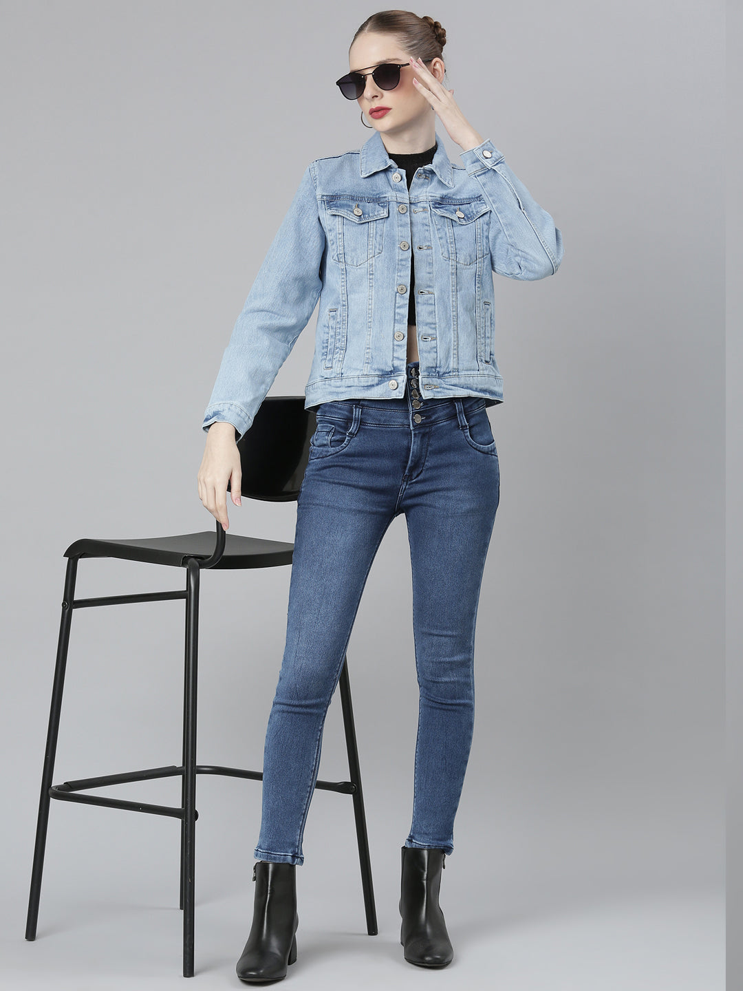 Women Blue Solid Denim Jacket