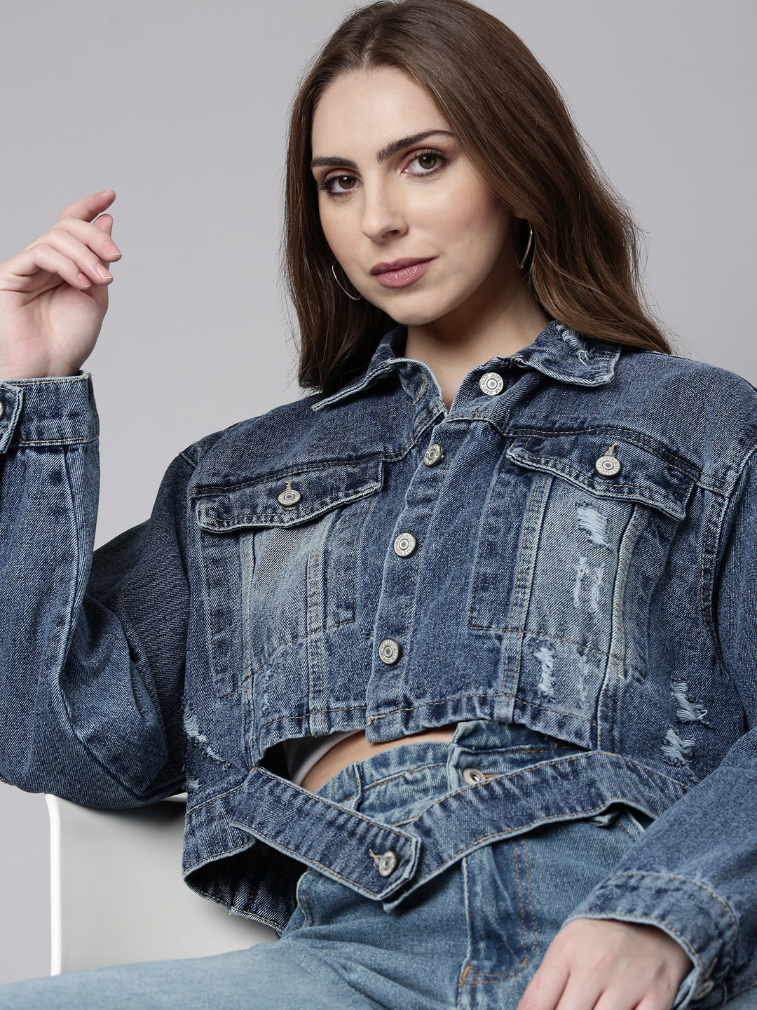 Women Blue Solid Denim Jacket