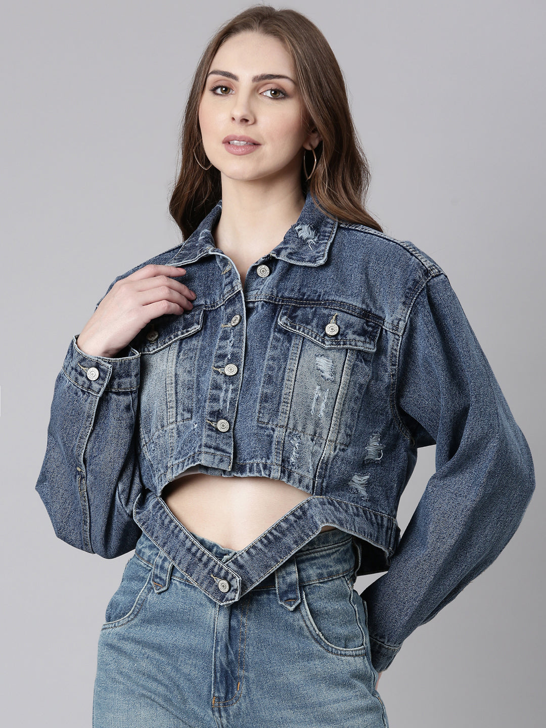 Women Blue Solid Denim Jacket