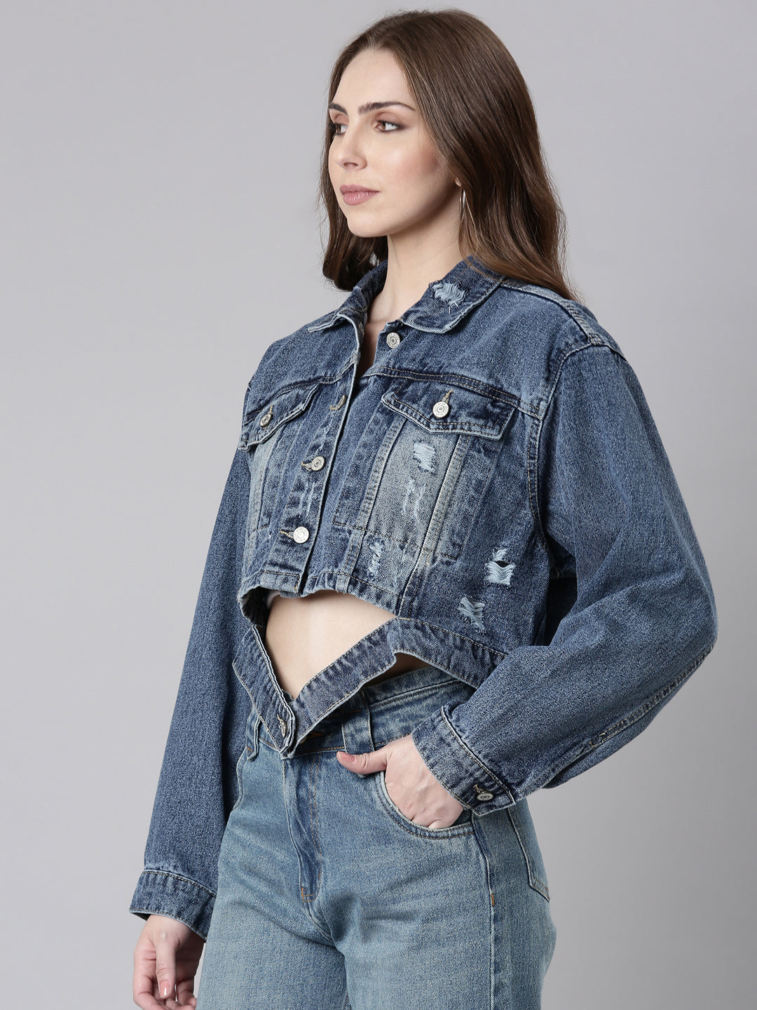 Women Blue Solid Denim Jacket