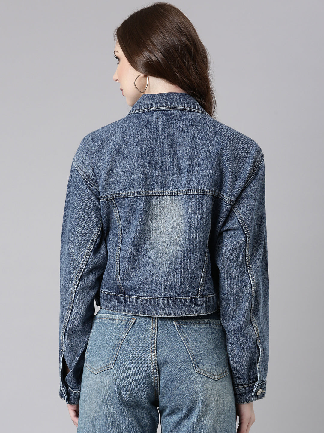 Women Blue Solid Denim Jacket