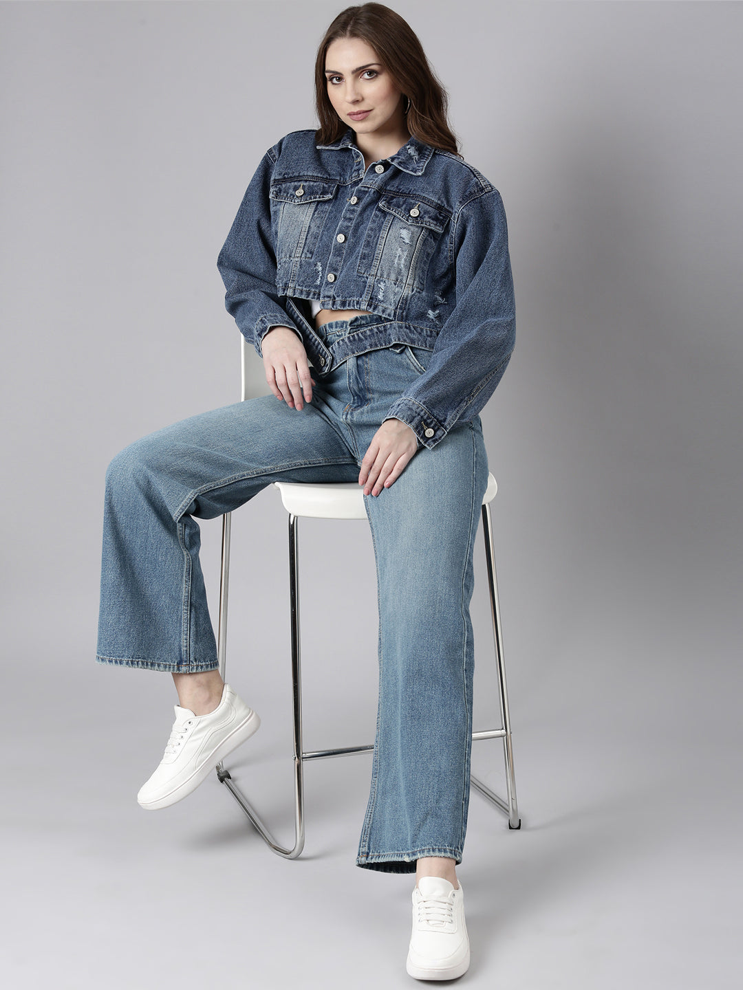 Women Blue Solid Denim Jacket