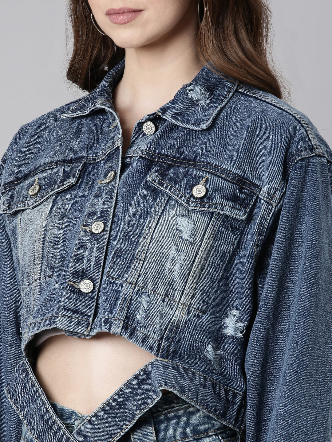 Women Blue Solid Denim Jacket