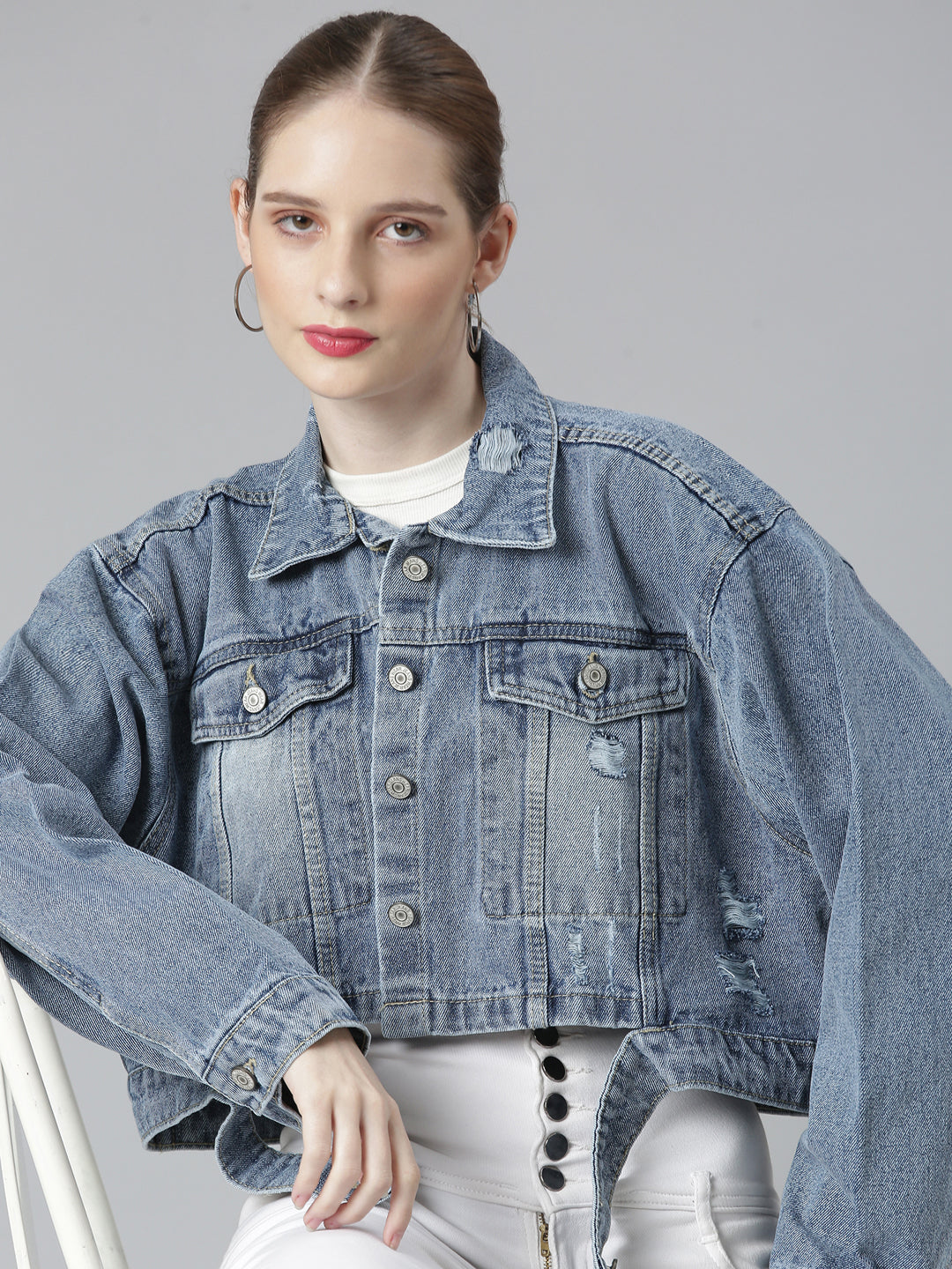 Women Blue Solid Denim Jacket