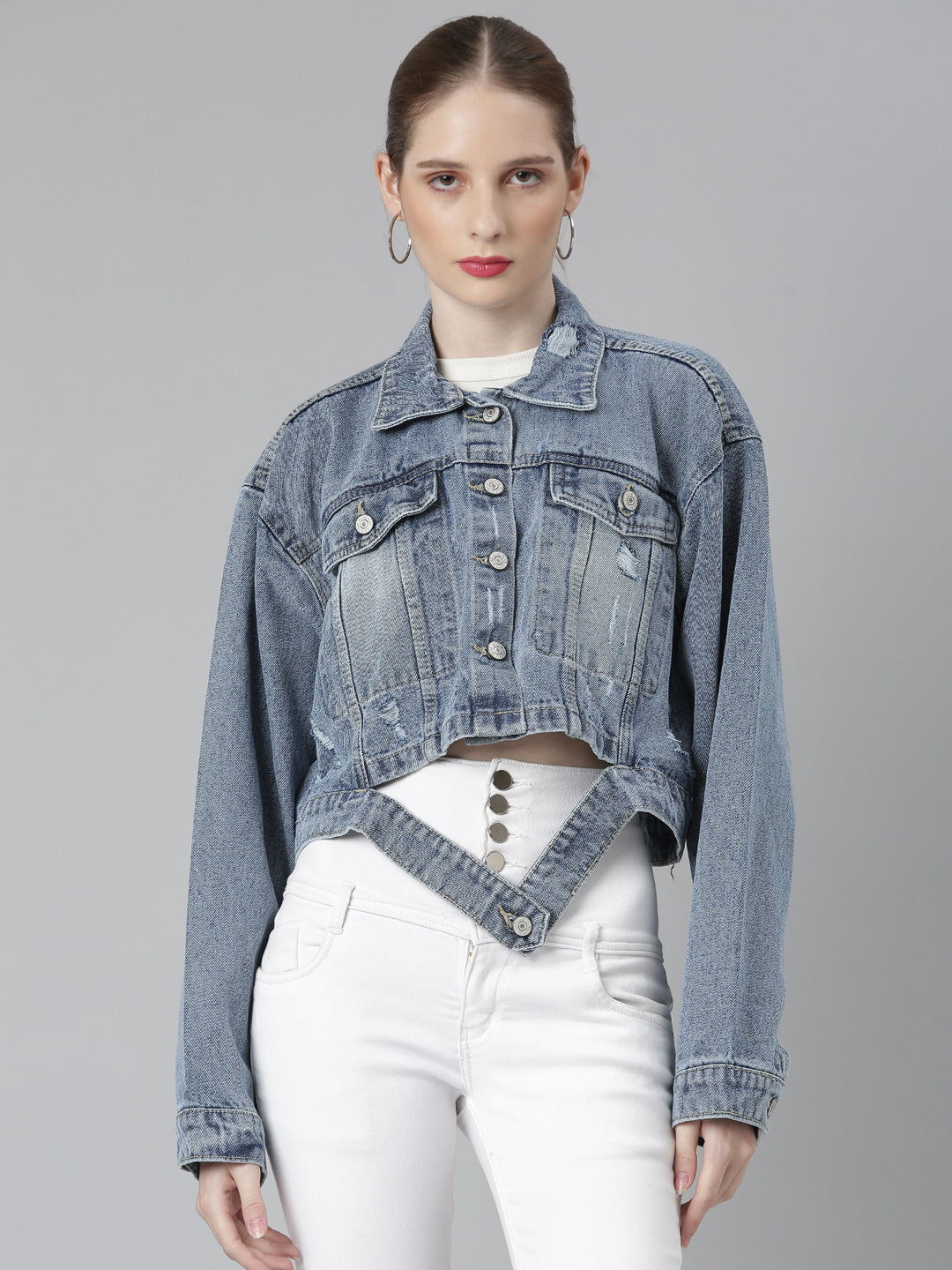 Women Blue Solid Denim Jacket