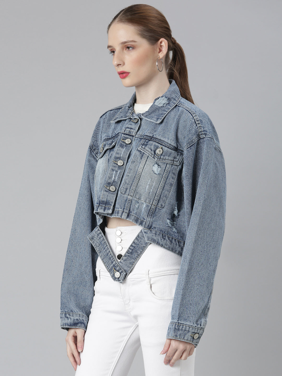 Women Blue Solid Denim Jacket