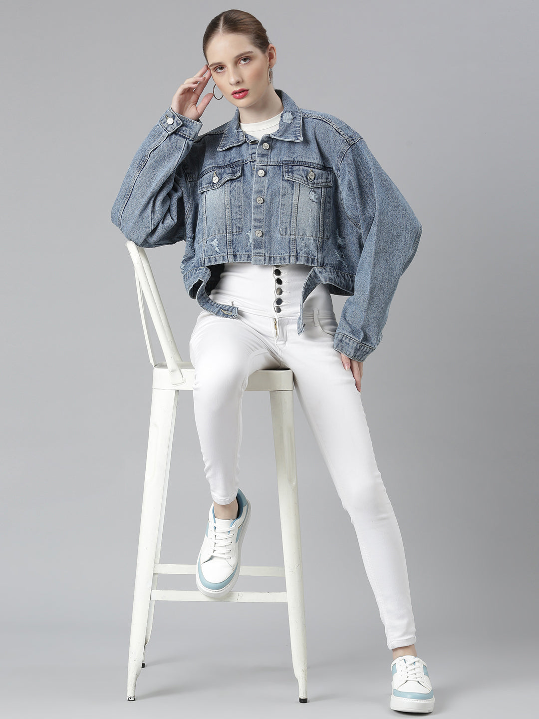 Women Blue Solid Denim Jacket