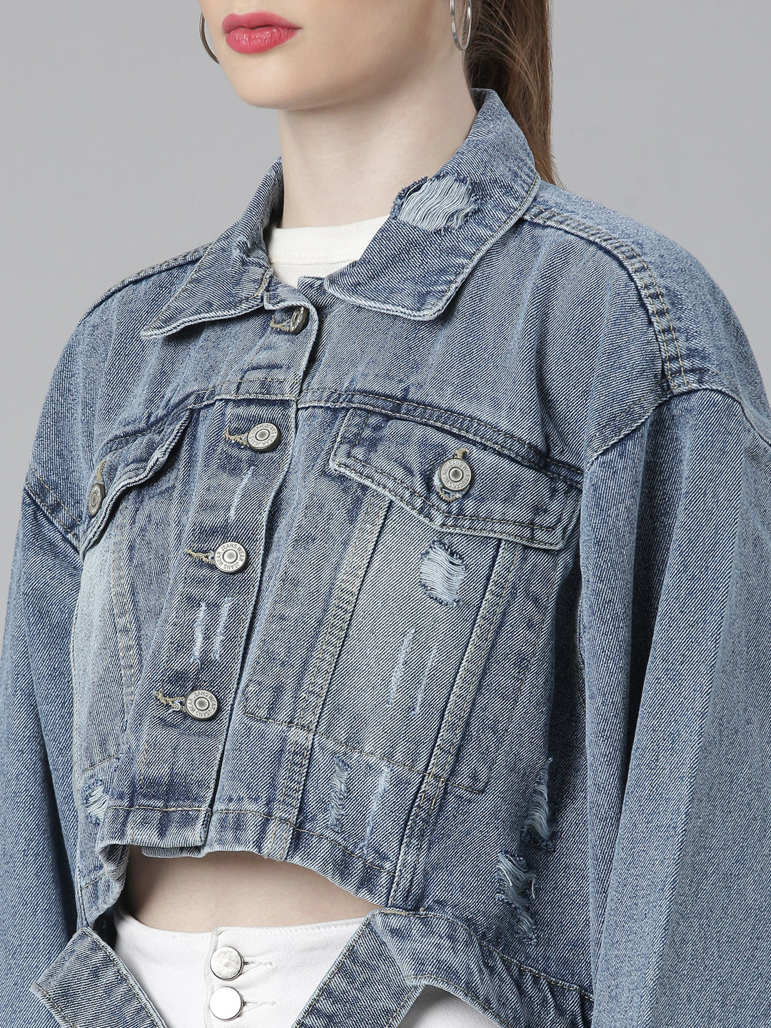 Women Blue Solid Denim Jacket