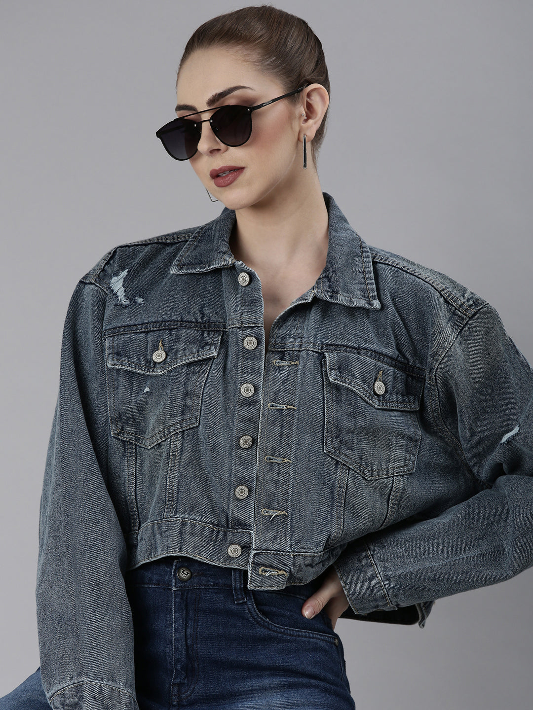 Women Blue Solid Denim Jacket