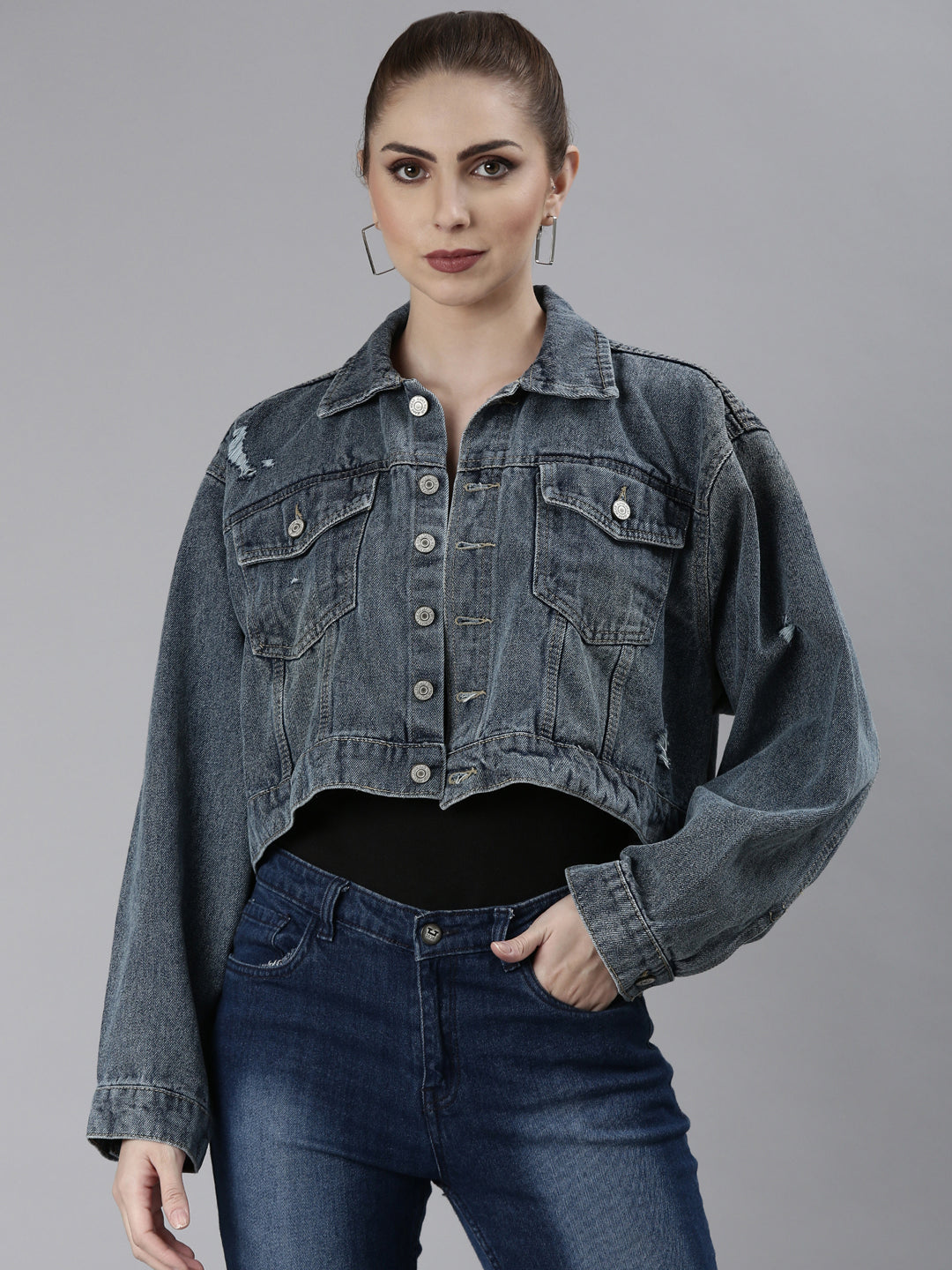 Women Blue Solid Denim Jacket