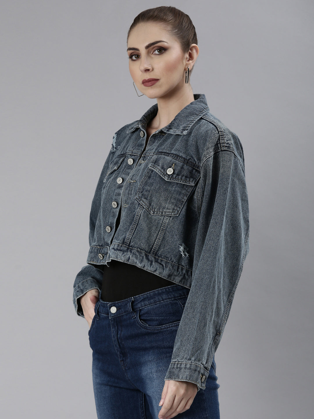 Women Blue Solid Denim Jacket