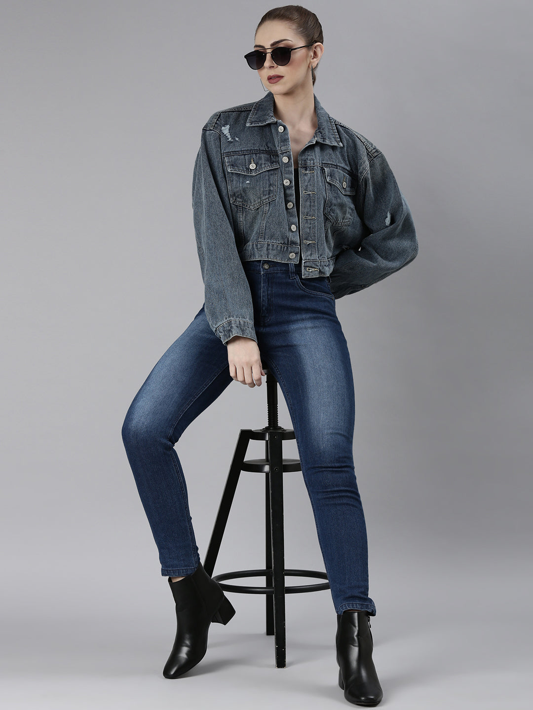 Women Blue Solid Denim Jacket