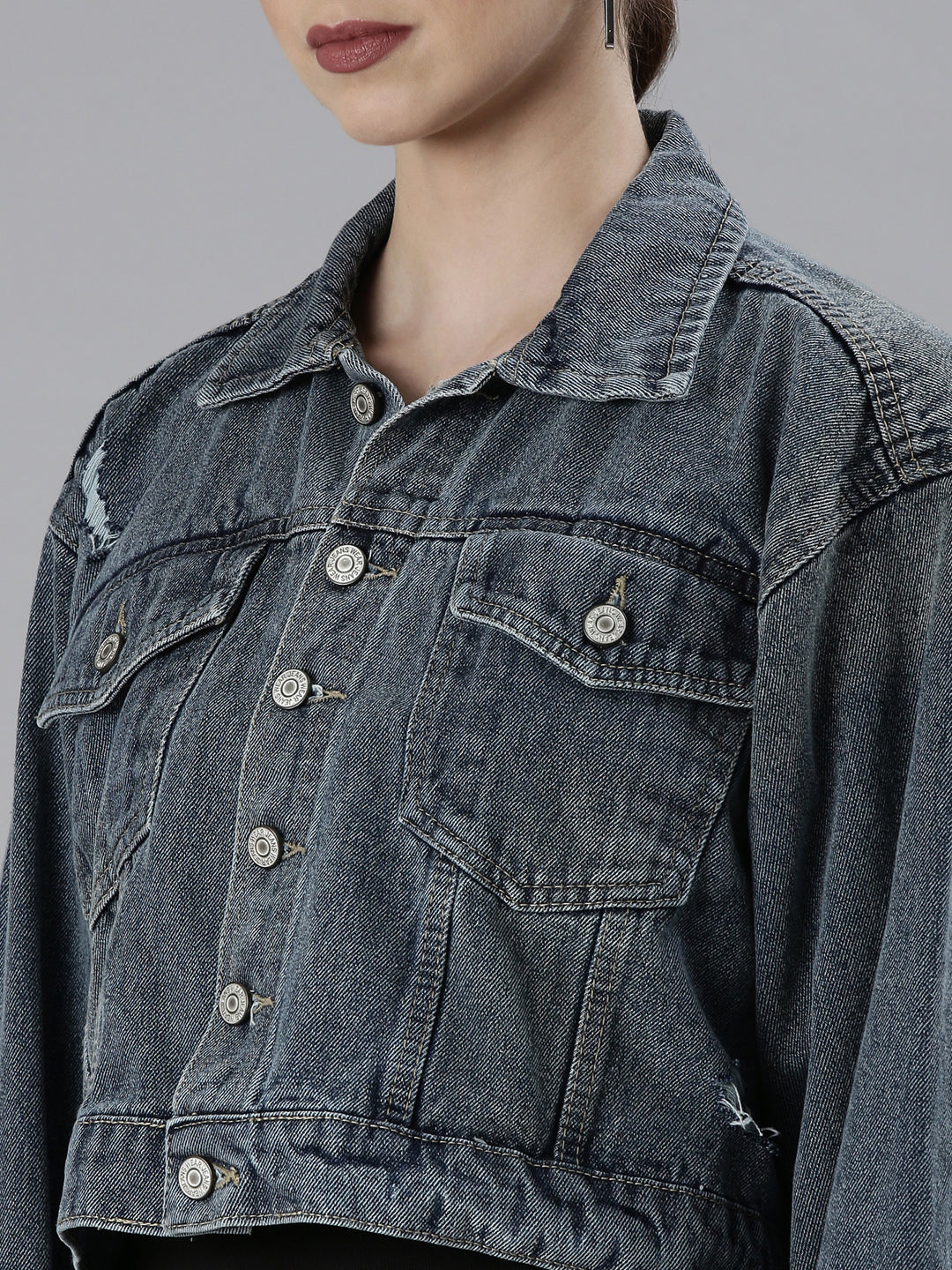 Women Blue Solid Denim Jacket