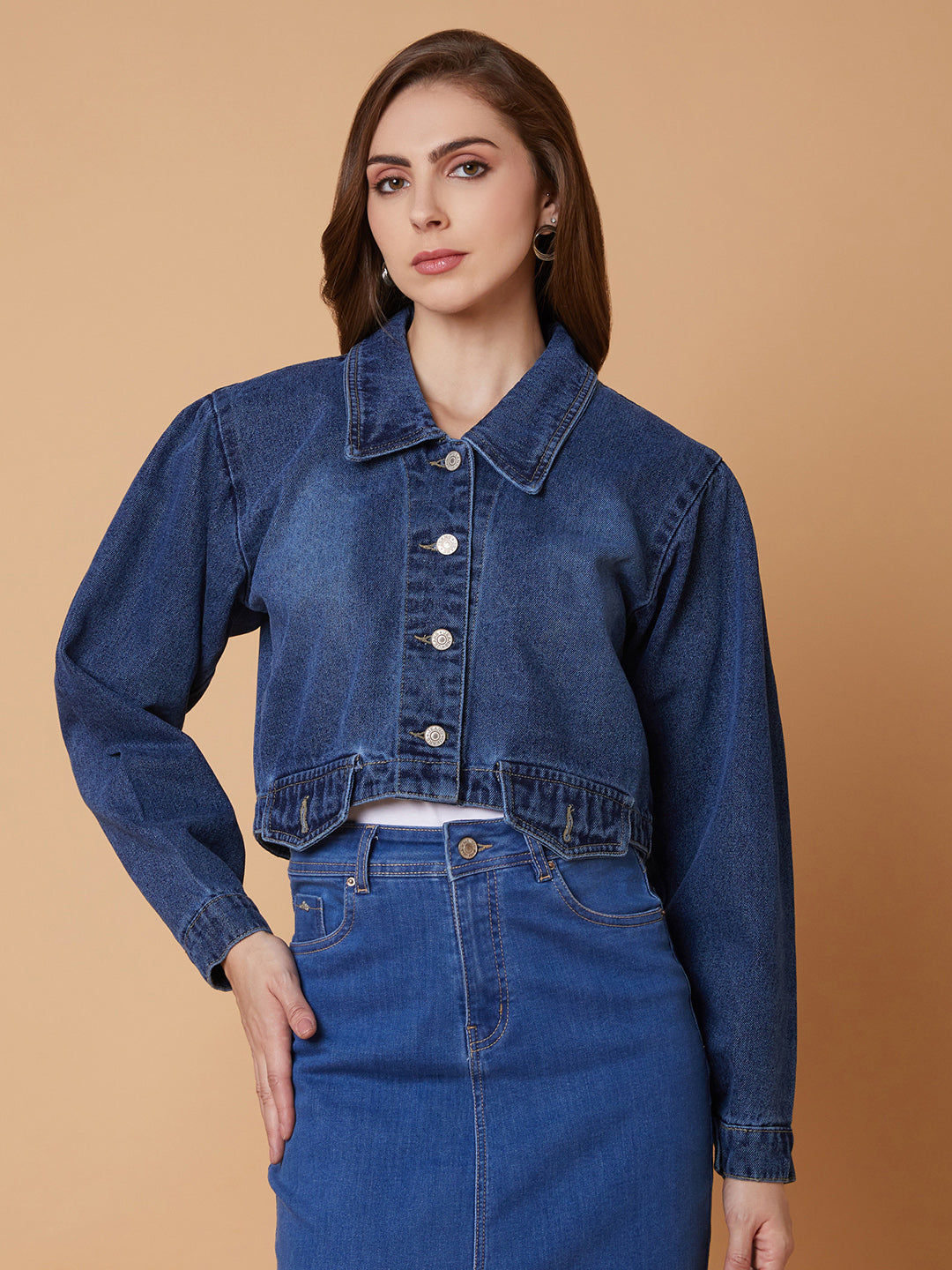 Women Blue Oversized Crop Denim Jacket