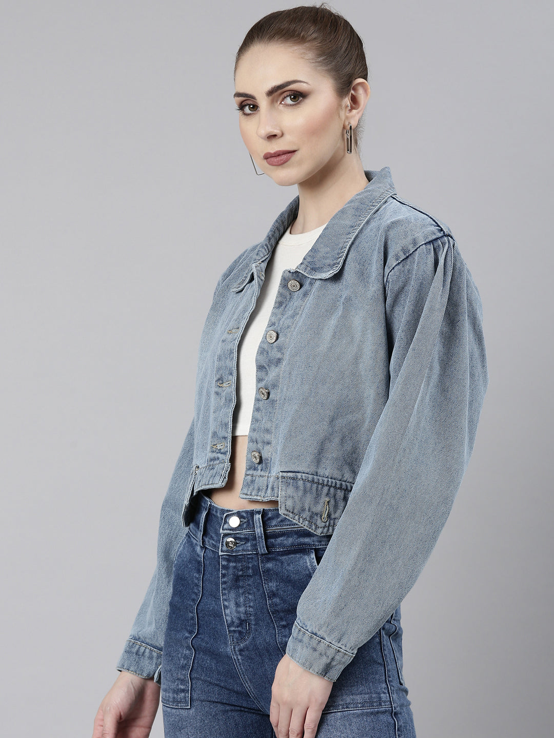 Women's Blue Spread Collar Crop Denim Jacket