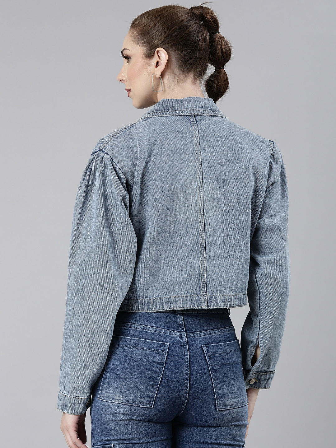Women's Blue Spread Collar Crop Denim Jacket