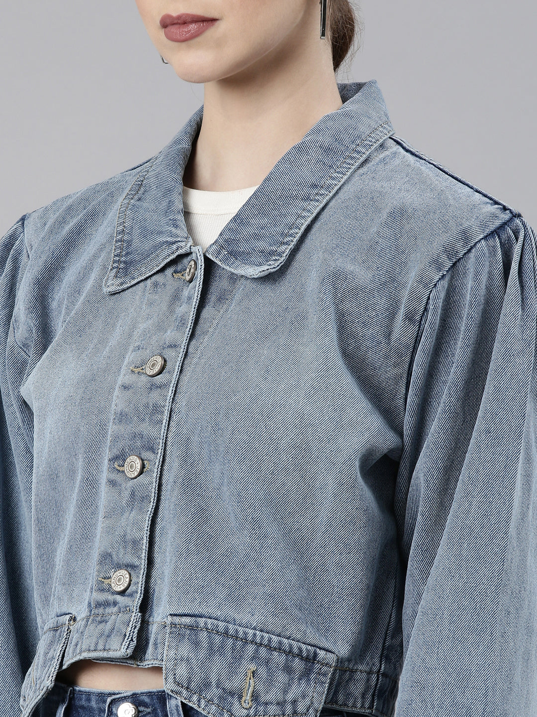 Women's Blue Spread Collar Crop Denim Jacket