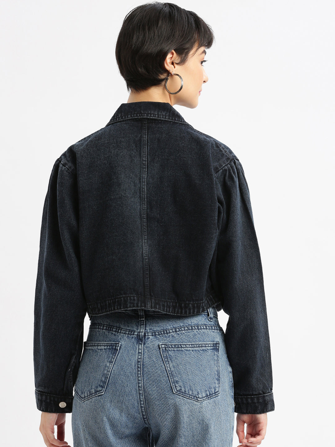 Women Navy Blue Oversized Crop Denim Jacket