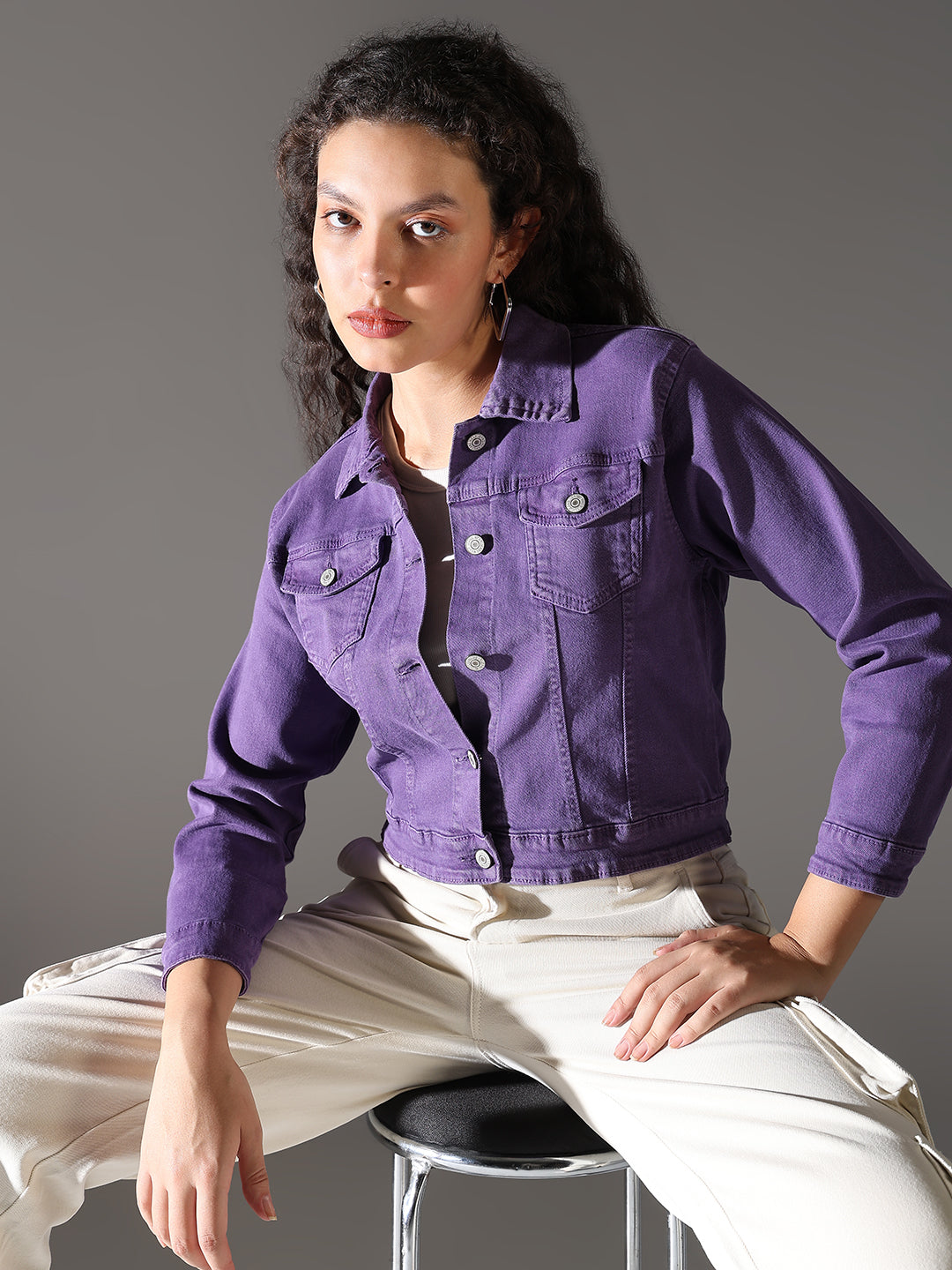 Women Purple Solid Crop Denim Jacket