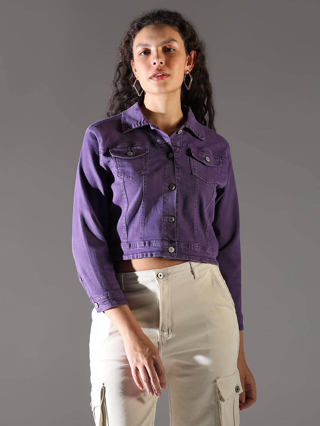 Women Purple Solid Crop Denim Jacket