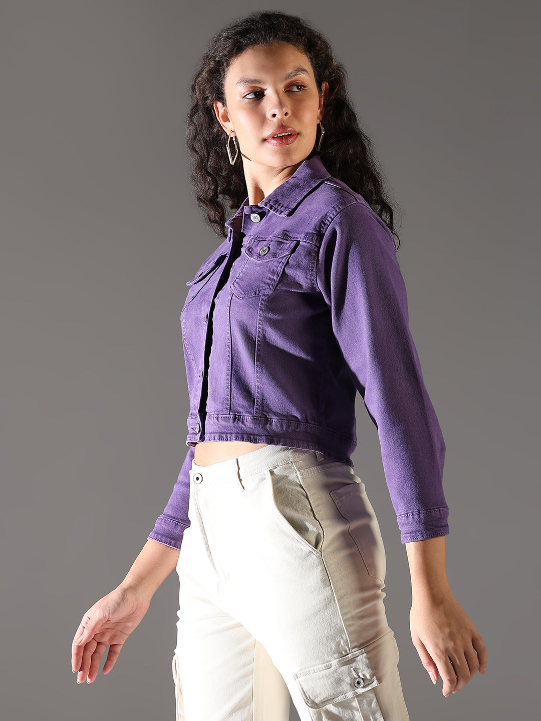 Women Purple Solid Crop Denim Jacket