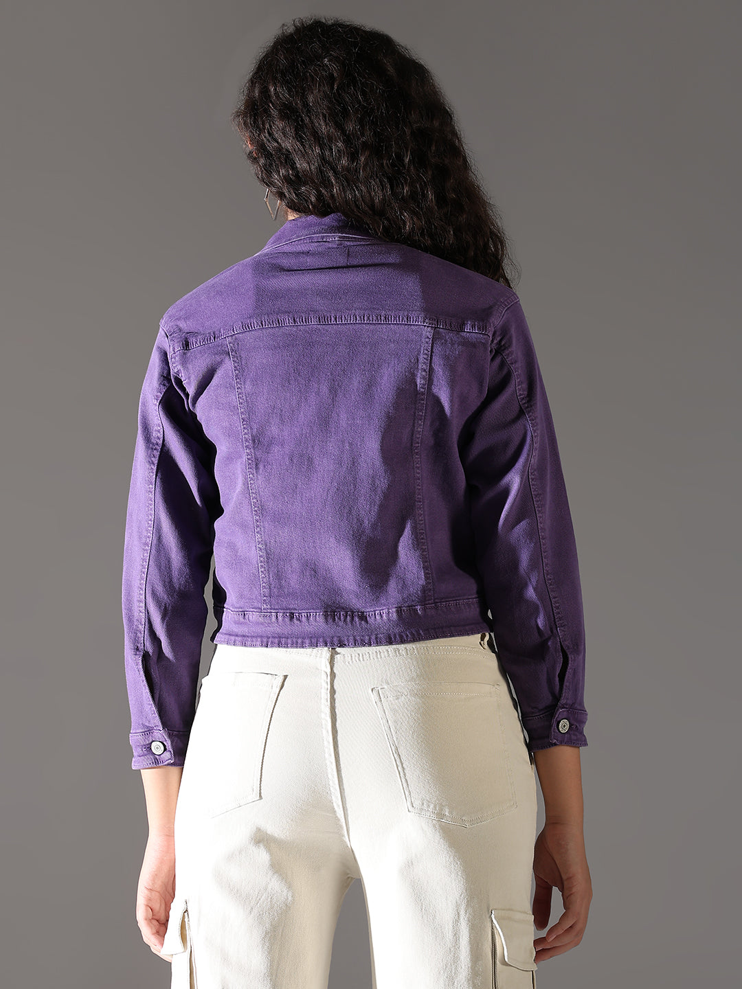 Women Purple Solid Crop Denim Jacket