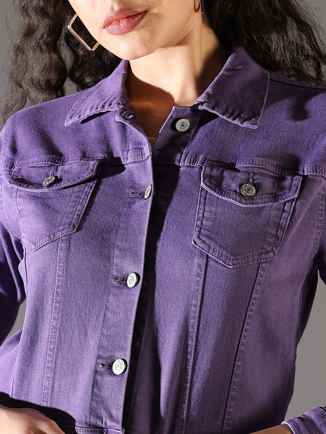 Women Purple Solid Crop Denim Jacket