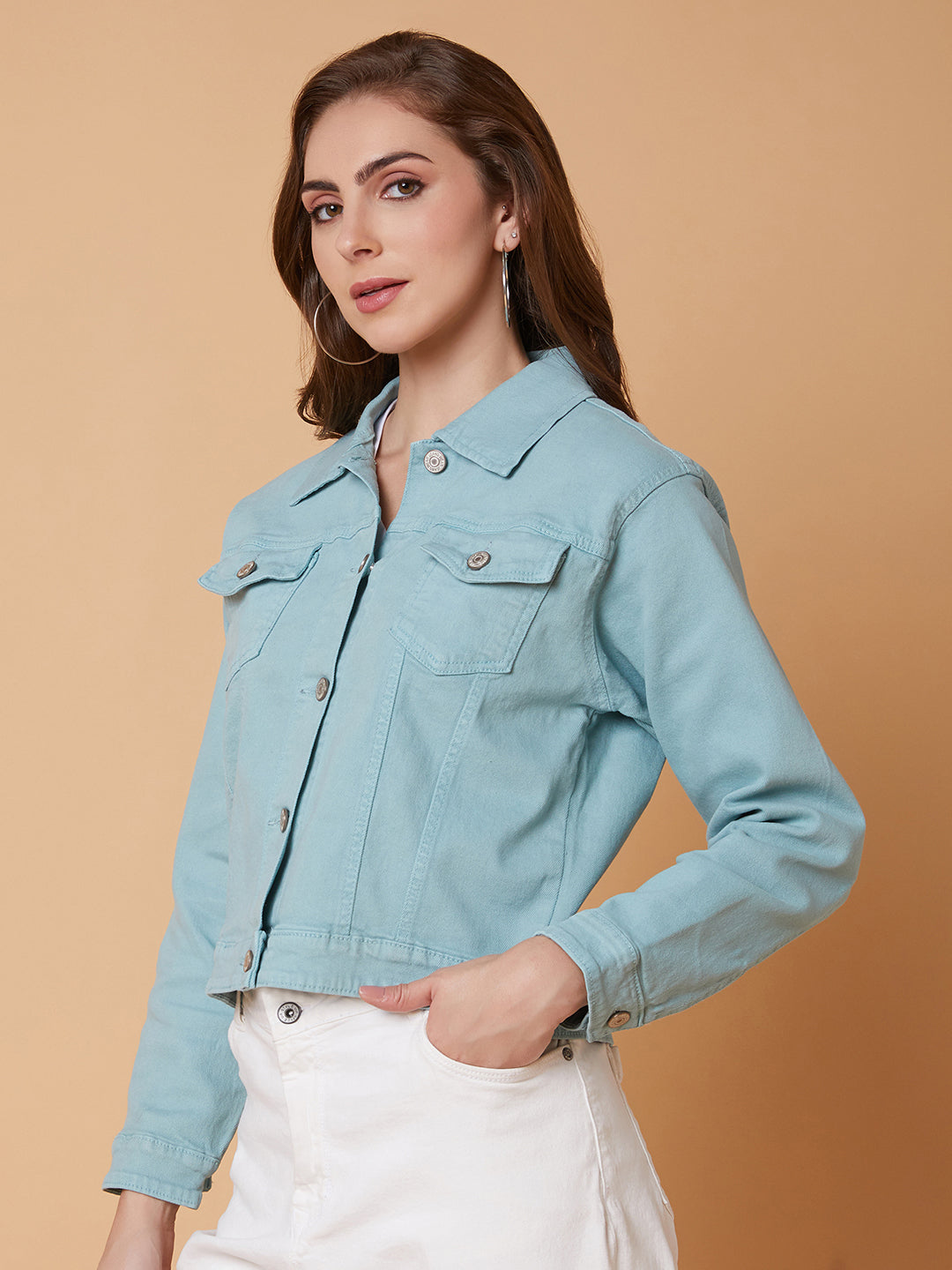 Women Sea Green Denim Jacket