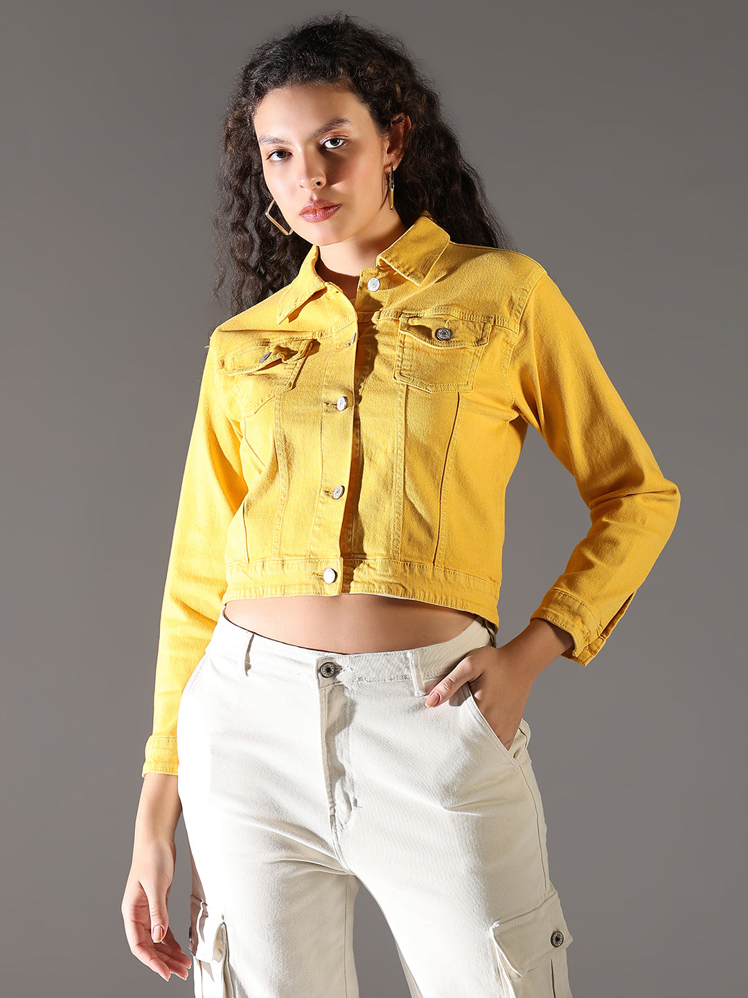 Women Yellow Solid Crop Denim Jacket