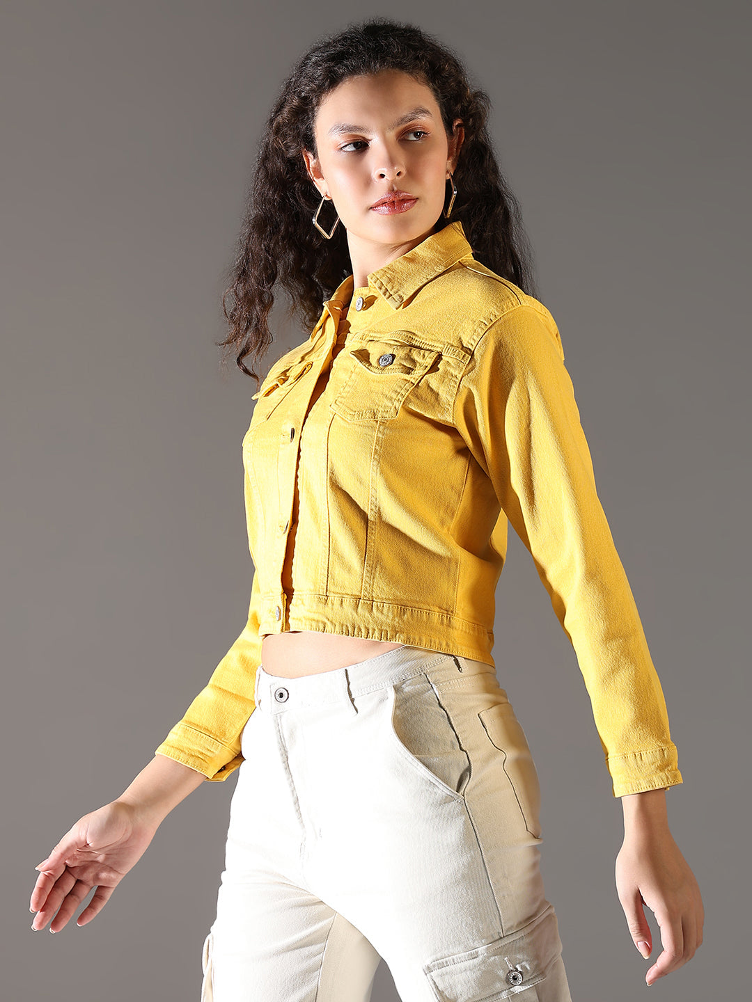 Women Yellow Solid Crop Denim Jacket