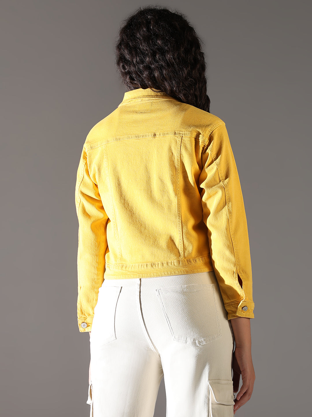 Women Yellow Solid Crop Denim Jacket