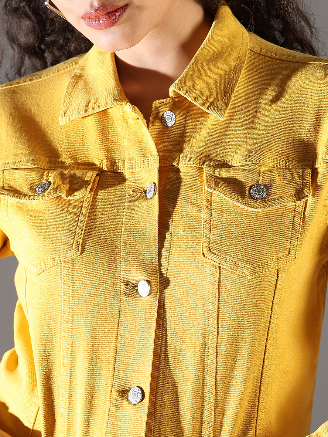 Women Yellow Solid Crop Denim Jacket