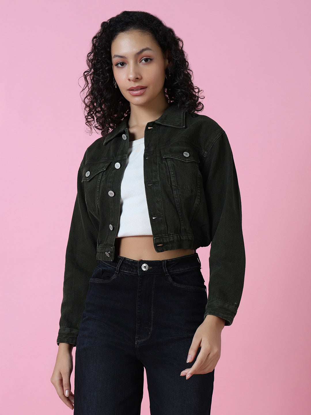 Women Olive Solid Denim Jacket