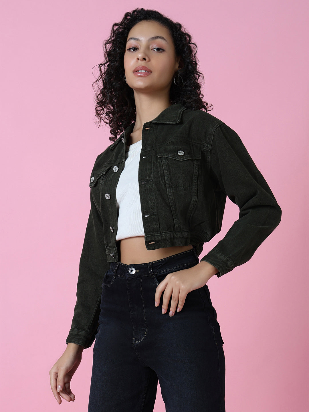 Women Olive Solid Denim Jacket