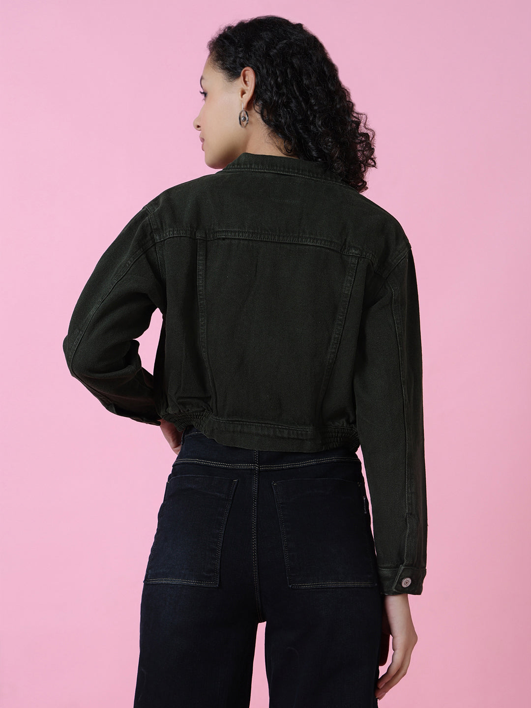 Women Olive Solid Denim Jacket