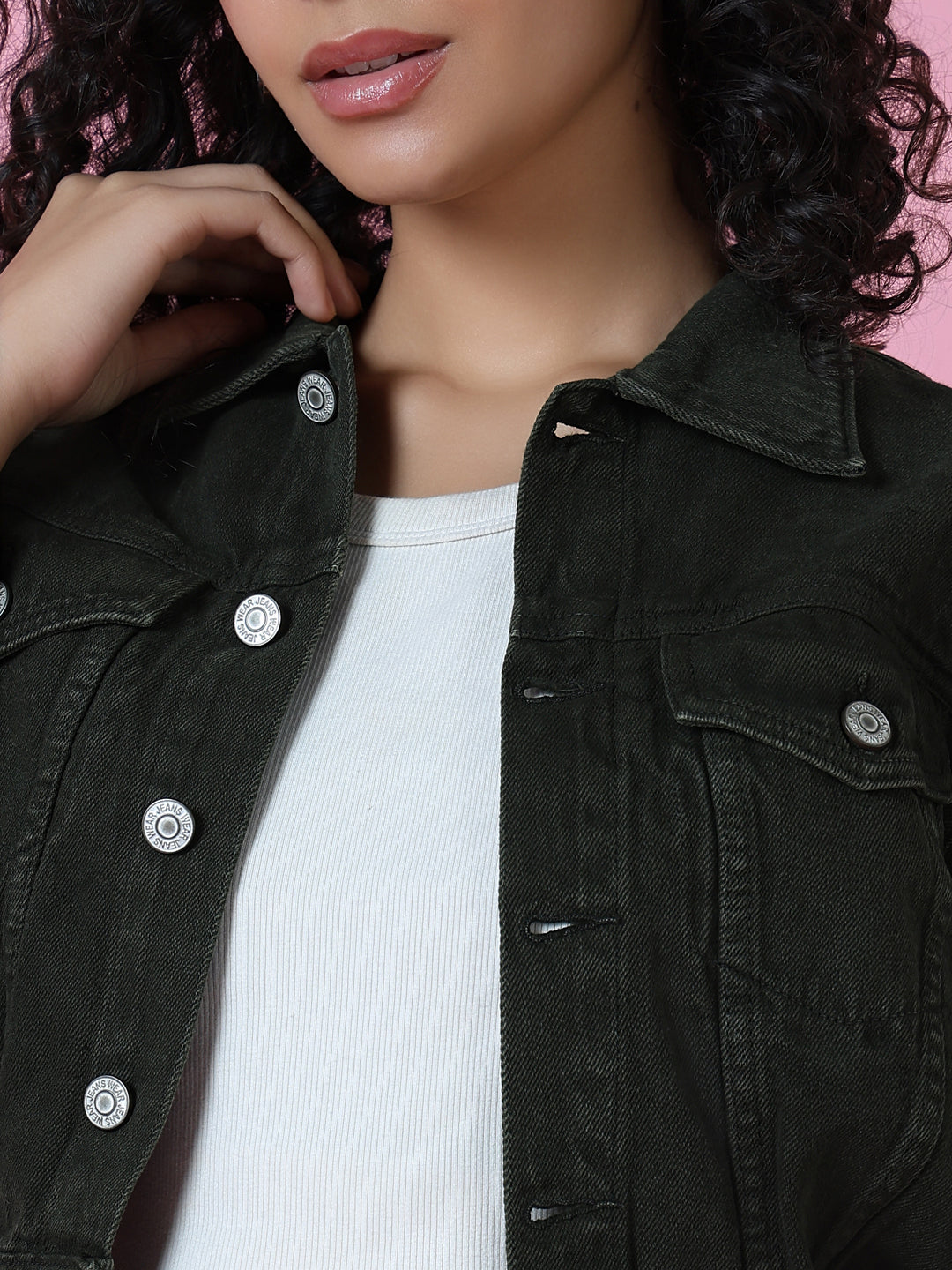 Women Olive Solid Denim Jacket