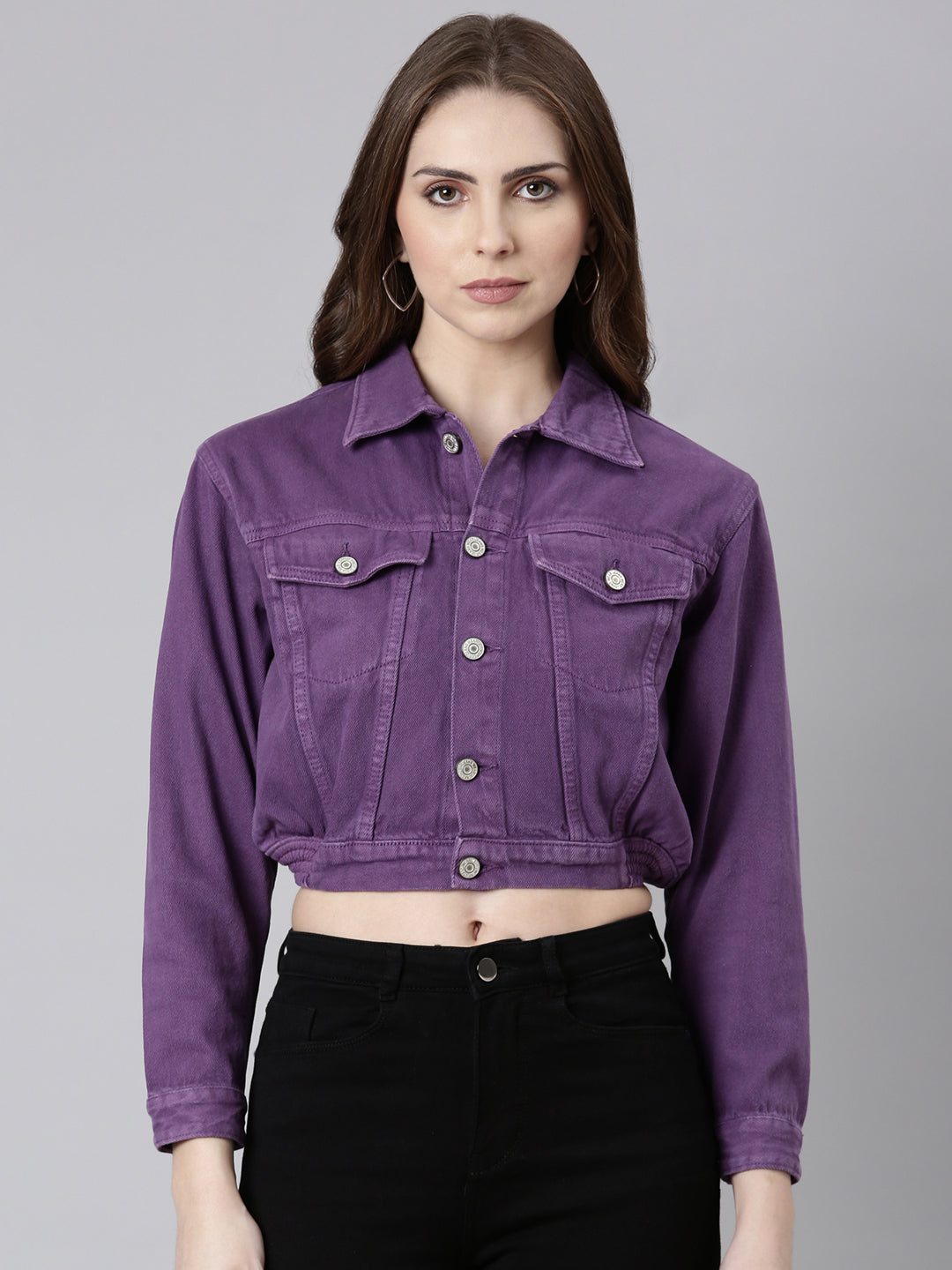 Women Purple Solid Denim Jacket