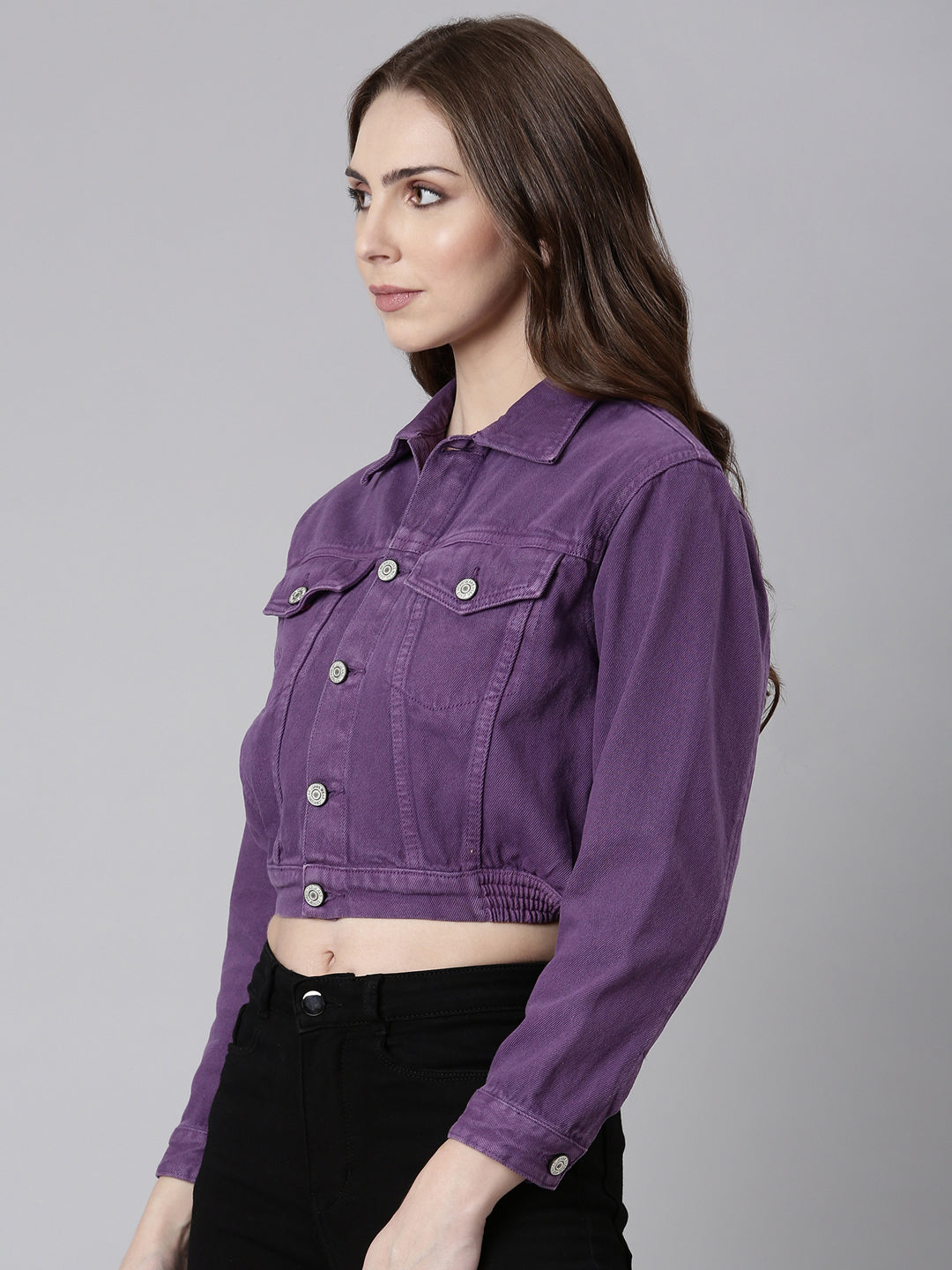 Women Purple Solid Denim Jacket