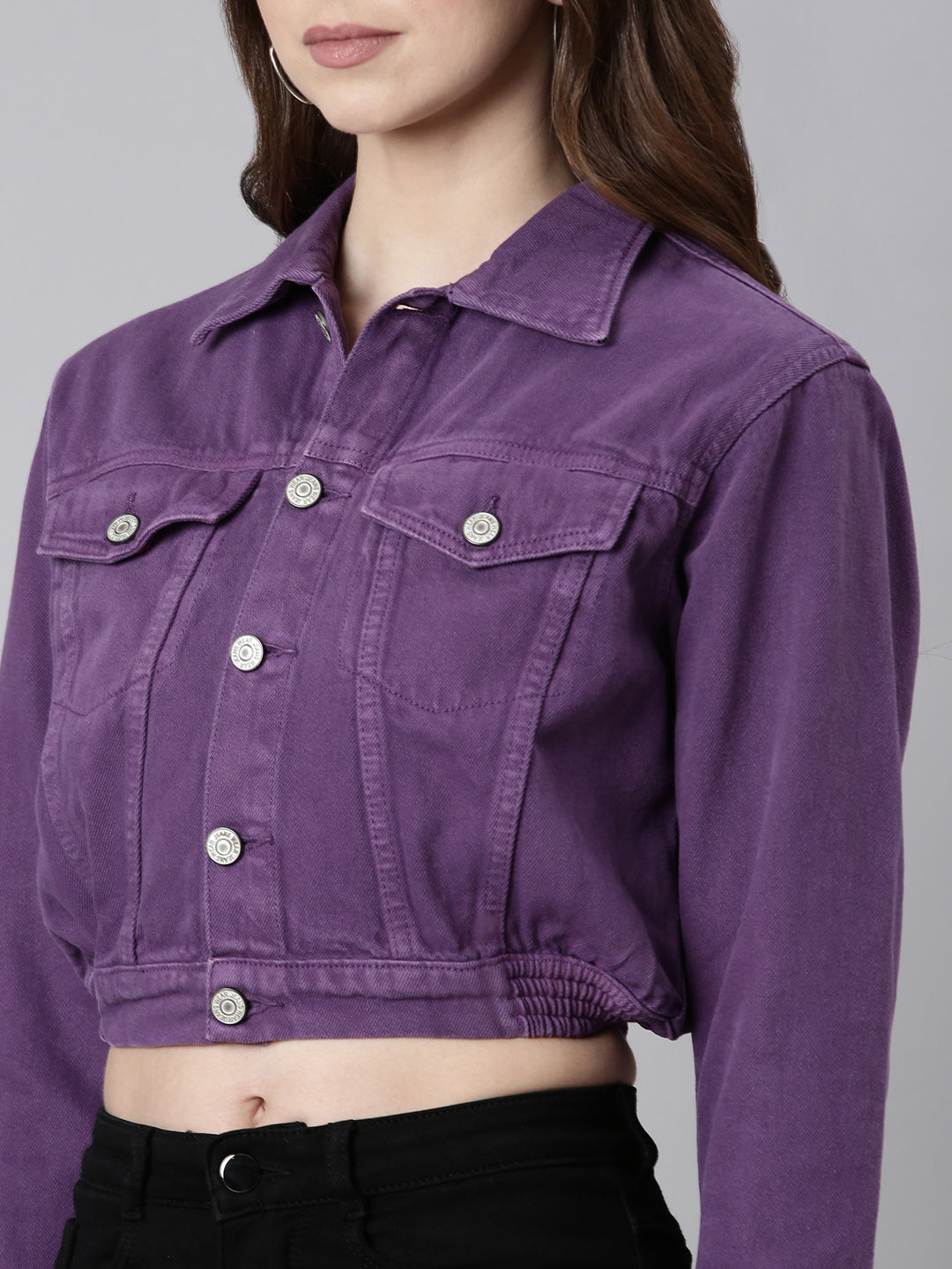 Women Purple Solid Denim Jacket