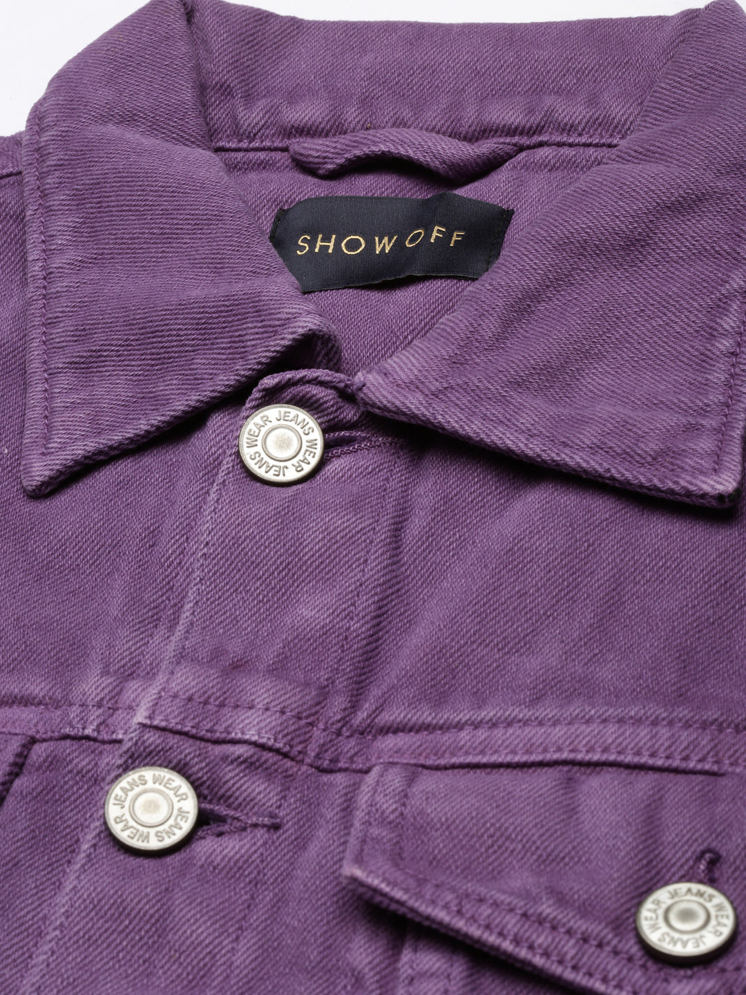 Women Purple Solid Denim Jacket